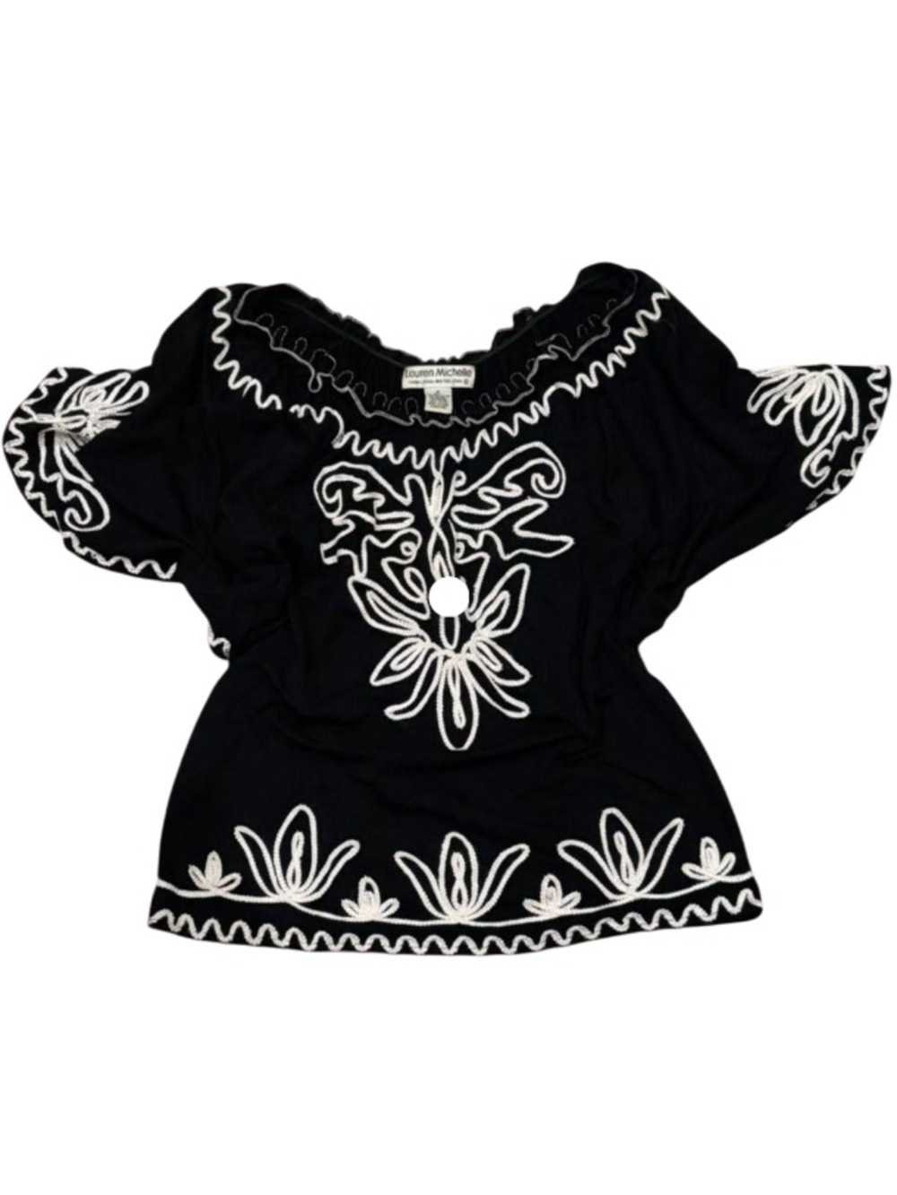 Lauren Michelle Embroidered Peasant Top with White Floral Stitching. Size M